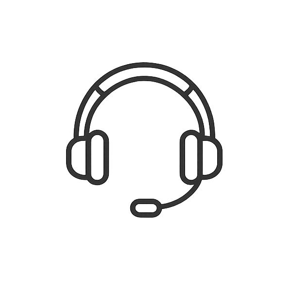 Black line drawing of a headset icon on a white background