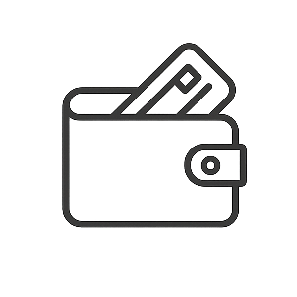 Line drawing of an open wallet with a card inside on a white background