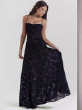 Women's black floral lace maxi dress with a sweetheart neckline
