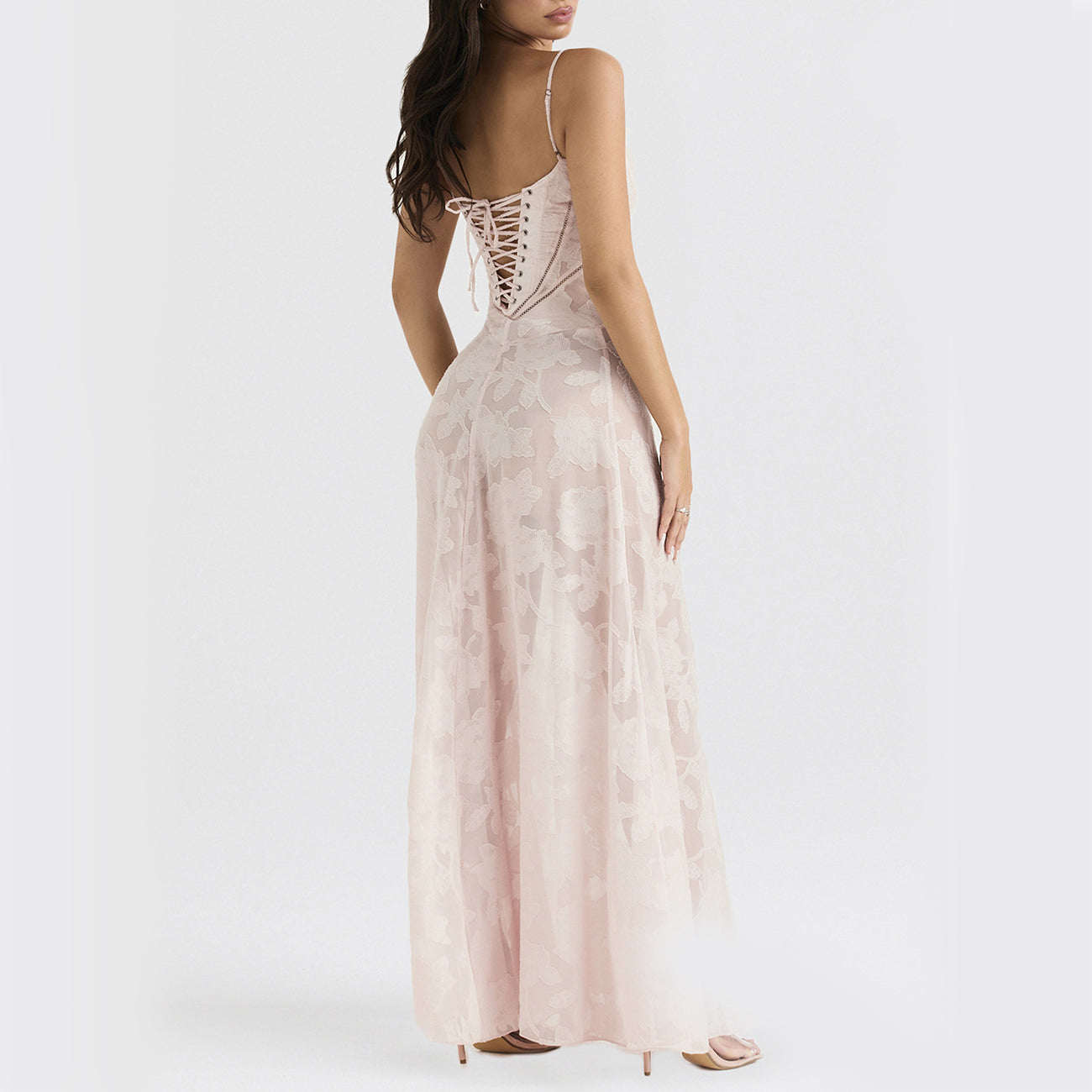 Women's black floral lace maxi dress with a sweetheart neckline
