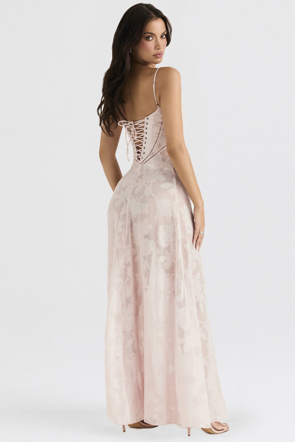 Women's pink floral lace maxi dress with a sweetheart neckline