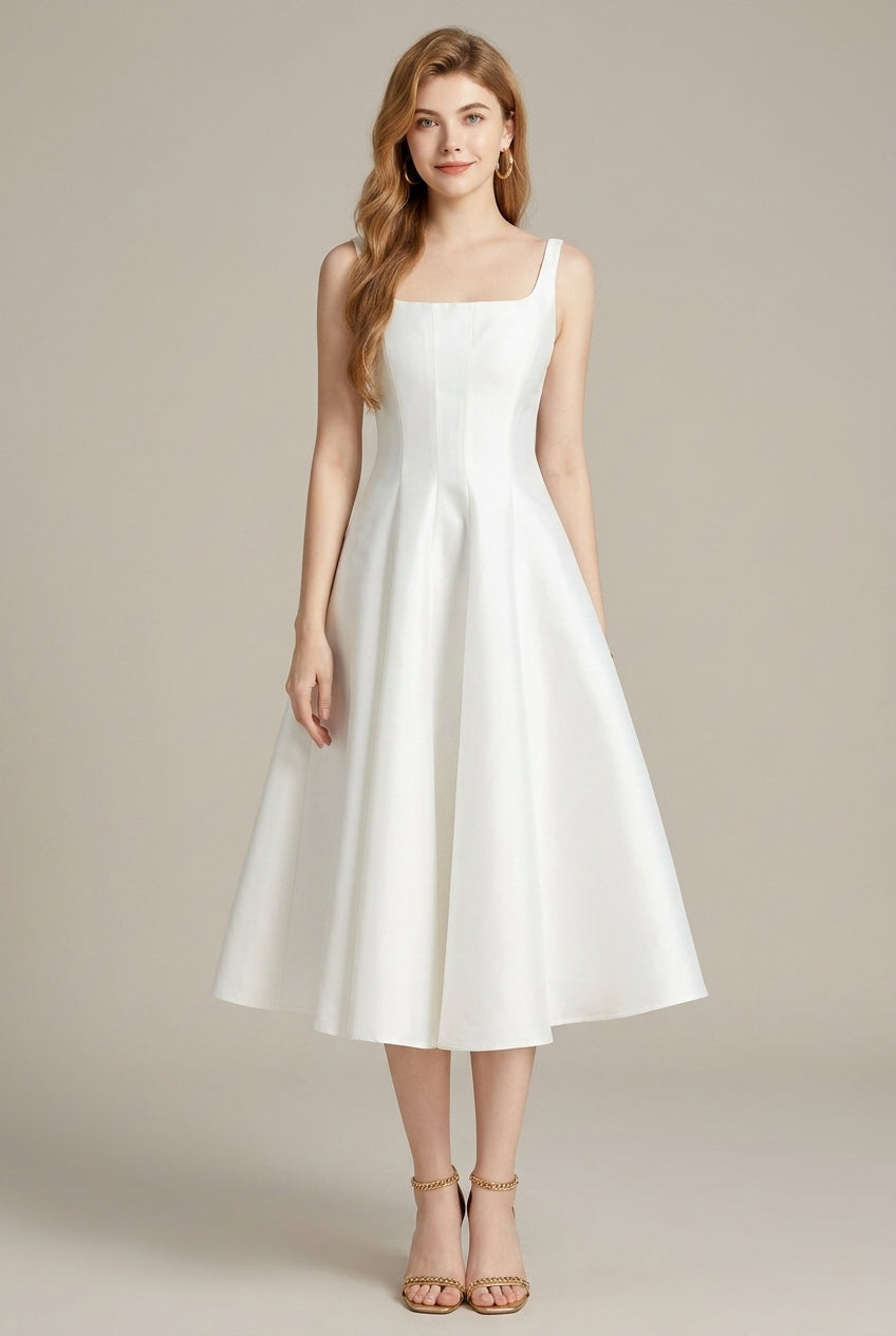 Women's white square neck midi dress with a sleeveless A-line skirt