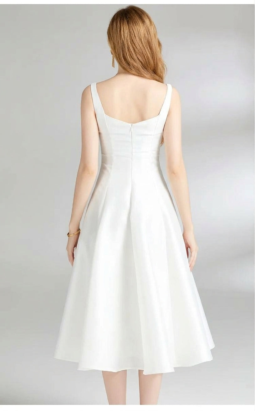 Women's white square neck midi dress with a sleeveless A-line skirt