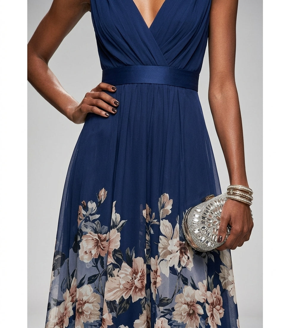 Women's dark blue floral print maxi dress with a ruched bodice and V-neck